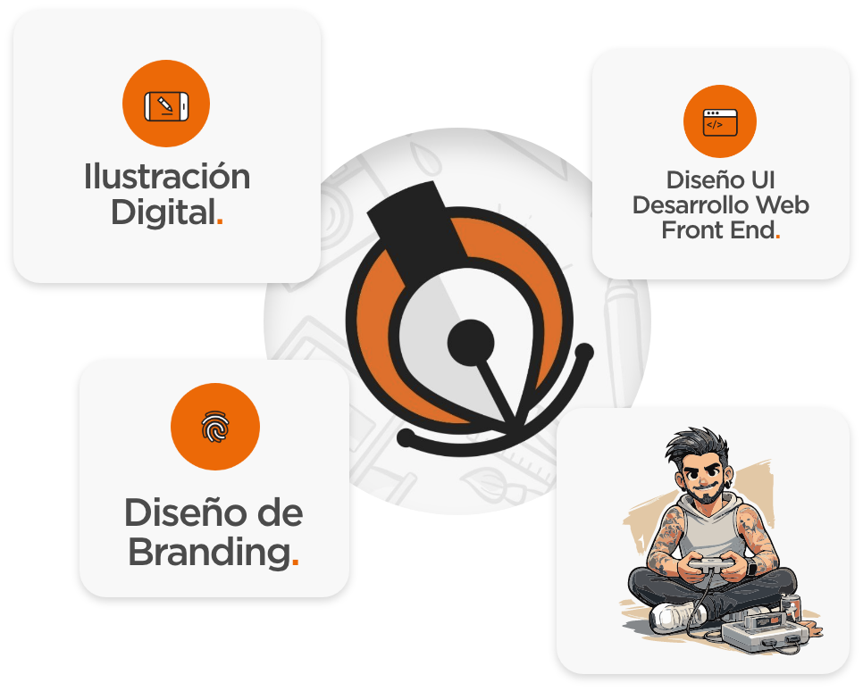 Diseño mostrando lo que ofrezco y una ilustración caricatura